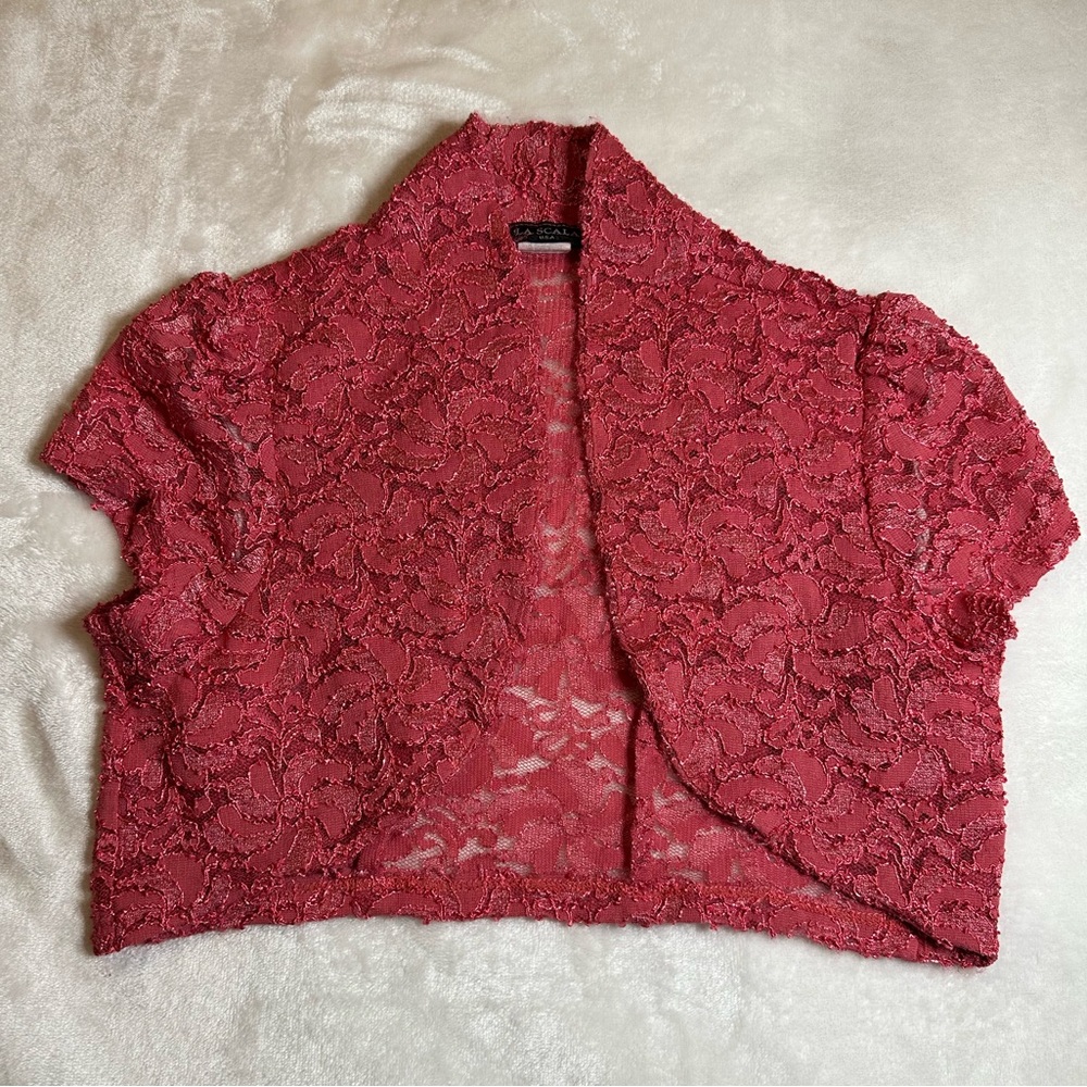 La Scala Lace Cropped Bolero Cardigan Coral Pink Size M Shrug Top